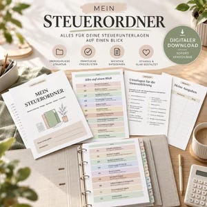 Könnte beinhalten: Ein digitales Steuerordner-Set mit einem Ringbuch, pastellfarbenen Registerblättern, gedruckten Checklisten und Ausgabenübersichten. Das Deckblatt zeigt den Text MEIN STEUERORDNER sowie eine Strichzeichnung eines Ordners und Taschenrechners.