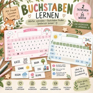 Könnte beinhalten: Lernset zum Ausdrucken mit dem Titel BUCHSTABEN LERNEN, bestehend aus zwei Tastaturvorlagen, 35 Wortkarten mit Illustrationen wie Katze, Baum, Sonne, Zug, Regen und Blume sowie Anleitungen zum Schreiben und Finden von Buchstaben.