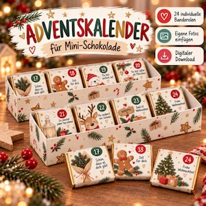 Può includere: Un kit calendario dell'avvento per mini cioccolatini con 24 involucri individuali decorati con illustrazioni festive come omini di pan di zenzero, renne e alberi di Natale. Il set include testo in tedesco e opzioni di download digitale.