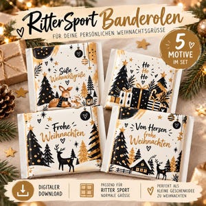 Könnte beinhalten: Vier quadratische Ritter Sport Schokoladenbanderolen mit weihnachtlichen Motiven in Schwarz, Weiß und Gold. Die Banderolen zeigen Illustrationen von Rehen, Hasen, Tannenbäumen, Geschenken und Häusern sowie deutsche Texte wie Süße Weihnachtsgrüße, Ho Ho Ho, Frohe Weihnachten und Von Herzen frohe Weihnachten.