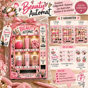 May include: A pink DIY beauty vending machine gift box kit featuring slots for small items, a gift tag labeled 'Kleine Beauty Momente für dich', and printed instructions for three layout variants, six gift tickets, and four gift tags.