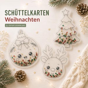Könnte beinhalten: Drei transparente Schüttelkarten-Vorlagen in Form eines Weihnachtsbaums, einer Christbaumkugel mit Schleife und Gesicht sowie eines Rentierkopfes. Jede Form enthält lose rote, grüne und goldene Pailletten. Der Text lautet SCHÜTTELKARTEN Weihnachten SOFORT-DOWNLOAD.