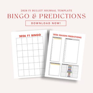 May include: Two white sheets of paper with red text that read "2026 F1 BINGO" and "2026 SEASON PREDICTIONS". The bingo sheet has a grid, and the predictions sheet has sections for drivers, constructors, and teammate wins. The top text reads "BINGO & PREDICTIONS".