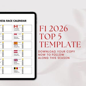 May include: A digital tablet displays the 2026 Race Calendar, with flags and race details. Text on the right reads "F1 2026 TOP 5 TEMPLATE" and "DOWNLOAD YOUR COPY NOW TO FOLLOW ALONG THIS SEASON."