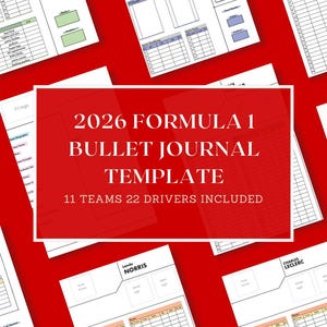 May include: A red background with multiple white sheets of paper. The sheets are templates for a 2026 Formula 1 bullet journal, including sections for driver information and race results. The text on the image reads: "2026 FORMULA 1 BULLET JOURNAL TEMPLATE 11 TEAMS 22 DRIVERS INCLUDED."