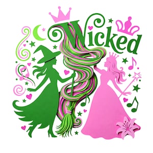 Könnte beinhalten: Ein Papier-Ausschnitt-Design mit dem Wort "Wicked", einer grünen Hexe und einer rosa Prinzessin. Die Hexe hält einen Besen, und die Prinzessin hält einen Zauberstab. Rosa und grüne Akzente umfassen Herzen, Sterne, Noten und Kronen.