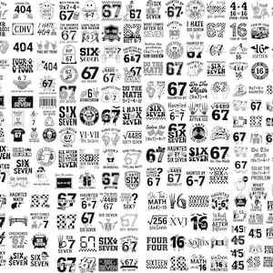 Puede incluir: Una colección de diseños gráficos en blanco y negro que presentan varias ecuaciones matemáticas, números como 67, 16, 404 y 45, junto con motivos espeluznantes como fantasmas, esqueletos, calaveras, lápidas y telarañas, dispuestos en una cuadrícula.