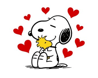 Puede incluir: Ilustración en blanco y negro de Snoopy abrazando a Woodstock, rodeado de corazones rojos. Snoopy es blanco con orejas negras y una mancha negra. Woodstock es amarillo. La imagen está sobre un fondo blanco.