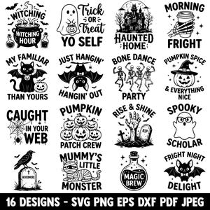Puede incluir: Una colección de 16 diseños gráficos en blanco y negro con temática de Halloween que incluyen ilustraciones de fantasmas, esqueletos, calabazas, murciélagos, gatos y pociones mágicas, acompañados de textos como Witching Hour, Haunted Home y Fright Night Delight.