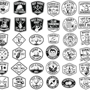 May include: A collection of fifty-four black and white circular, shield-shaped, and diamond-shaped stickers featuring various golf-themed illustrations and humorous text slogans such as Drinks > Drives, Golf Sucks, and Mulligan King.
