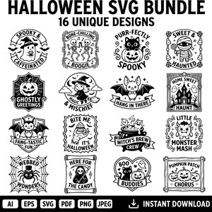 Może przedstawiać: Cyfrowa kolekcja 16 czarno-białych grafik o tematyce Halloween, przedstawiających duchy, szkielety, koty, dynie, nietoperze i potwory z napisami takimi jak Spooky & Caffeinated, Bone-Chilling Boogie oraz Witch's Brew Crew.