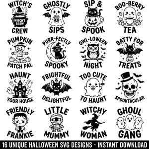 Könnte beinhalten: Eine Sammlung von 16 schwarz-weißen Halloween-Grafikdesigns mit Illustrationen von Geistern, einer Hexe, einer Katze, einem Kürbis, einer Eule, einer Fledermaus, einem Totenkopf, Frankenstein, einer Mumie und einem Spukhaus mit Text.
