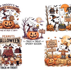 May include: A collection of five Peanuts Halloween illustrations featuring Snoopy in various costumes like a vampire and scarecrow, interacting with pumpkins, a cauldron, and friends. Text includes Snoopy's Spooky Halloween, Trick or Treat, Peanuts Halloween, and Snoopy's Spooky Pumpkin Patch.