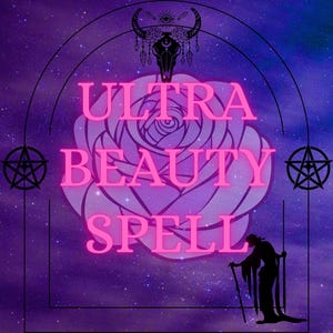 Könnte beinhalten: Ein Grafikdesign mit dem neonpinken Text ULTRA BEAUTY SPELL, zentriert über einer großen Rosenillustration. Das Bild enthält einen schwarzen Bogenrahmen, ein Totenkopf-Symbol mit Hörnern, zwei Pentagramme und die Silhouette einer Figur mit einem Stab.