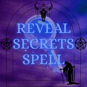 Könnte beinhalten: Digitales Kunstbild mit einem lila und blauen Sternenhintergrund. Die Worte "REVEAL SECRETS SPELL" sind blau, mit einer Schlüsselform hinter dem Text. Eine Silhouette einer Person mit Stab befindet sich rechts.