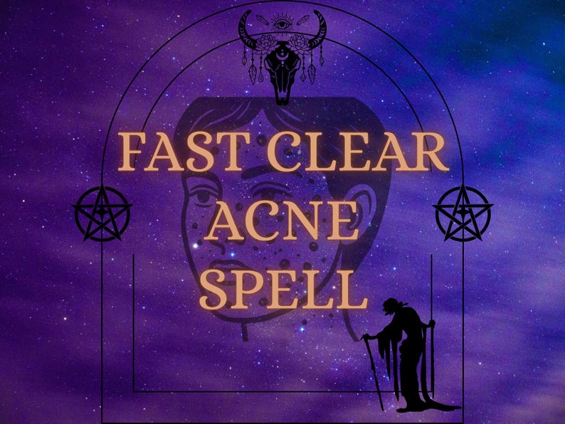 K&ouml;nnte beinhalten: Digitales Kunstwerk mit einem lila und blauen Sternenhintergrund. Der Text "FAST CLEAR ACNE SPELL" ist goldfarben. Ein Gesicht mit Akne befindet sich in der Mitte. Eine Silhouette einer Person mit einem Stock ist rechts.