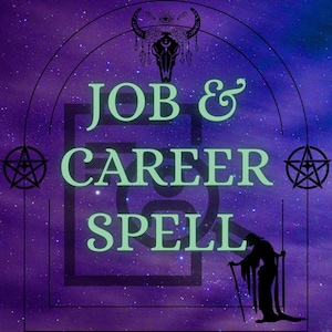 Puede incluir: Imagen con fondo estrellado morado y azul. Las palabras "JOB & CAREER SPELL" están en verde claro. Una silueta de una persona con un bastón está en la parte inferior derecha. Elementos decorativos: calavera de toro y pentagramas.
