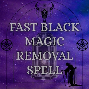 May include: A purple and blue starry background with the text "FAST BLACK MAGIC REMOVAL SPELL". A silhouette of a person with a cane is on the right, and a lantern is in the centre. The image has a mystical theme.