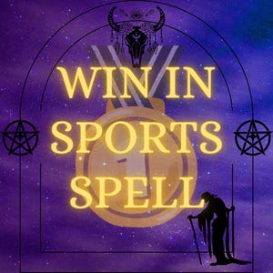 Puede incluir: Gráfico digital con fondo estrellado púrpura y azul. El texto "WIN IN SPORTS SPELL" es amarillo, sobre una ilustración de medalla de oro. Una silueta de una persona con un bastón está a la derecha.
