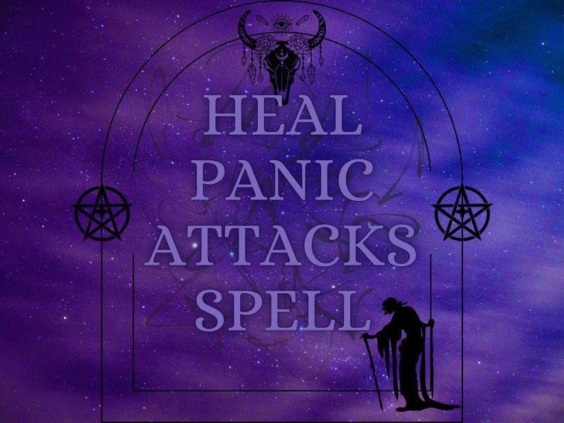 Puede incluir: Gr&aacute;fico morado y azul con las palabras "HEAL PANIC ATTACKS SPELL". La imagen incluye la silueta de una figura con un bast&oacute;n y una calavera de toro decorativa. Dos pentagramas a cada lado.