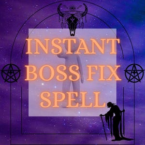 以下が含まれることがあります： 紫と青の星空の背景を持つデジタルアート。テキスト「INSTANT BOSS FIX SPELL」はオレンジ色です。魔女のシルエットと雄牛の頭蓋骨も特徴です。