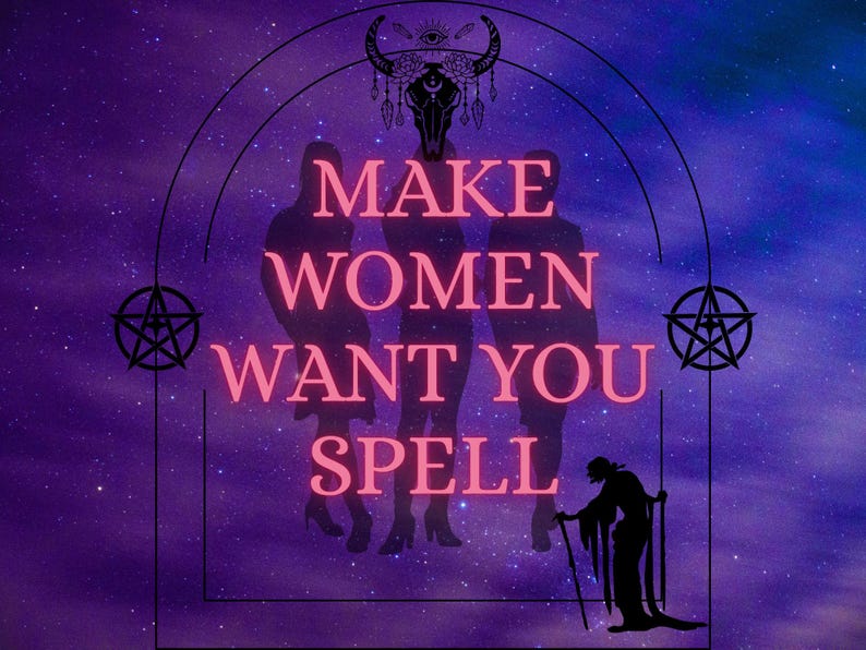 May include: A purple and blue galaxy-themed graphic print featuring the text "MAKE WOMEN WANT YOU SPELL" in pink letters. The design includes black silhouettes of three figures, a horned skull emblem, two pentagrams, and a cloaked figure with a staff.
