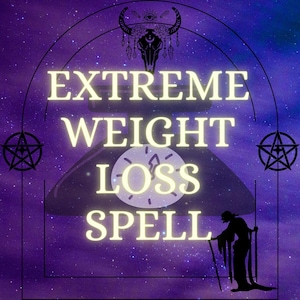 Könnte beinhalten: Eine violette und blaue Grafik im Galaxie-Stil mit dem gelben Text EXTREME WEIGHT LOSS SPELL. Das Design zeigt eine zentrale Uhr, die Silhouette einer Kapuzenfigur mit Stab, zwei Pentagramme und ein Totenkopf-Symbol am oberen Rand.