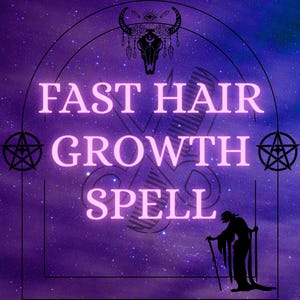 Peut inclure: Graphique violet et bleu avec les mots "FAST HAIR GROWTH SPELL" en rose. L'image comprend une silhouette d'une personne avec une canne, un peigne et un crâne de taureau avec un attrape-rêves.