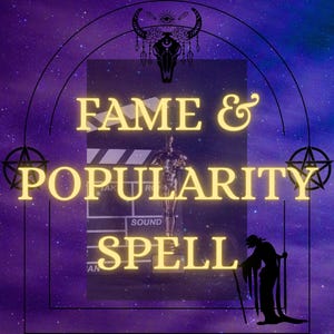 Puede incluir: Obra de arte digital con un fondo de galaxia púrpura y azul. Las palabras "FAME & POPULARITY SPELL" están en letras doradas. La imagen incluye una claqueta de cine, una estatua y una silueta de una persona.