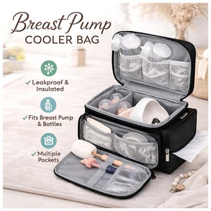 May include: Black breast pump cooler bag with multiple pockets, designed to keep breast milk and bottles cool. The bag is leakproof and insulated, with the text "Breast Pump COOLER BAG". It has a separate compartment for accessories.