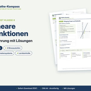 以下が含まれることがあります： Mathe-Kompass Lineare Funktionenと題された教育用ワークシートセット。8年生向けの数学演習22ページで構成されています。座標系、傾きの計算、グラフ、解答が含まれており、印刷可能なA4サイズで提供されています。