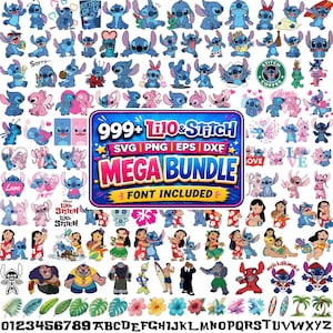 以下が含まれることがあります： リロ＆スティッチのキャラクターイラストのデジタルコレクション。青とピンクのエイリアンのフィギュア、南国の花、サーフボードが多数描かれています。中央の長方形の看板には「999+ Lilo & Stitch Mega Bundle」というテキストが表示されています。
