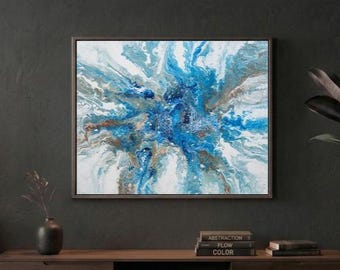 Art mural abstrait océan bleu or - Impression acrylique fluide pour peinture - Décoration côtière