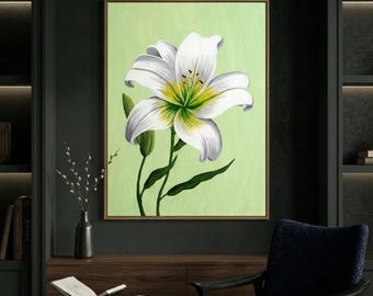 Art mural lys blanc - impression de peinture florale - décoration botanique - art floral minimaliste