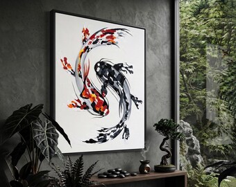 Décoration murale yin yang poissons koi – impression peinture équilibre zen – décoration de style japonais