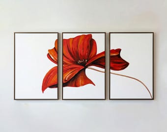 Toile triptyque coquelicot rouge - Décoration murale florale audacieuse