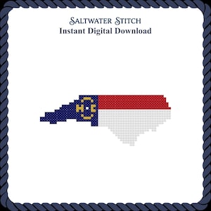May include: A cross-stitch pattern of the North Carolina state flag shape, featuring a blue field with a gold NC emblem, and red and white horizontal stripes. The text Saltwater Stitch Instant Digital Download is displayed at the top.