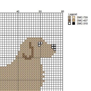 May include: A cross-stitch pattern on a grid featuring a dog profile. The legend lists DMC-739 in light tan, DMC-437 in medium tan, and DMC-310 in black. The grid includes numbered markers 40, 50, and 60 along the top horizontal axis for reference.