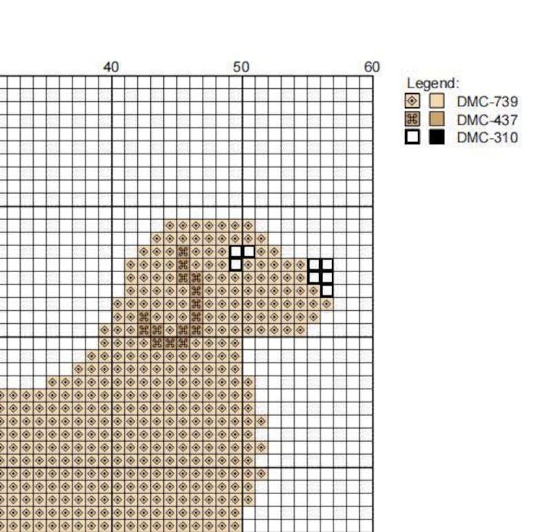 May include: A cross-stitch pattern on a grid featuring a dog profile. The legend lists DMC-739 in light tan, DMC-437 in medium tan, and DMC-310 in black. The grid includes numbered markers 40, 50, and 60 along the top horizontal axis for reference.