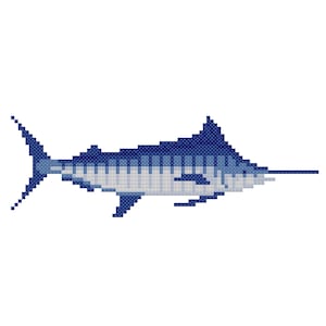 May include: A pixelated illustration of a marlin fish in shades of blue and white. The fish has a long, pointed bill and a distinctive dorsal fin. The design is reminiscent of cross-stitch art.