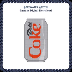 May include: A cross-stitch pattern of a silver soda can with the text Diet Coke in red and black. The design features the text Saltwater Stitch and Instant Digital Download at the top, all framed by a dark blue rope-style border on a white background.