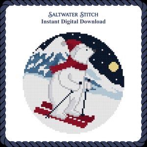 May include: A cross-stitch pattern featuring a white polar bear wearing a red hat and scarf while skiing on red skis. The background shows a snowy mountain, a dark blue night sky with a yellow moon, and the text Saltwater Stitch Instant Digital Download.