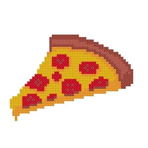 Puede incluir: Ilustración digital de una porción de pizza. La pizza tiene una base amarilla, pepperoni rojo y una corteza marrón. Este diseño pixelado es ideal para proyectos de manualidades.