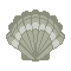 May include: A pixelated seashell design in shades of gray and white, resembling a cross-stitch pattern. The shell's fan-like structure is clearly defined, with a textured appearance. The design is centered on a white background.