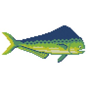 May include: A pixelated cross-stitch design of a mahi-mahi fish. The fish features a blue dorsal fin, a yellow and green body, and a yellow tail fin. The fish is set against a white background.