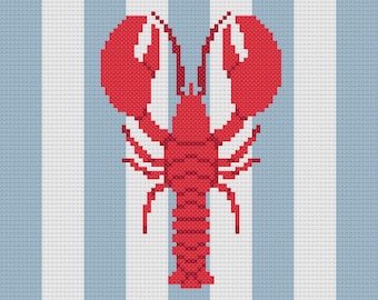 Broderie DIY Homard sur motif rayures | Tableau numérique pour peindre votre propre toile | Facile à broder au format PDF | Téléchargement instantané | 18 mailles