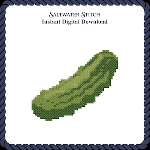 May include: A digital cross-stitch pattern of a green cucumber, featuring the text Saltwater Stitch and Instant Digital Download, framed by a dark blue rope border on a white background. The cucumber is rendered in various shades of green.