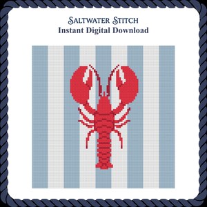 May include: A cross-stitch pattern featuring a red lobster centered on a background of vertical light blue and white stripes. The text Saltwater Stitch and Instant Digital Download appears at the top, framed by a dark blue rope border.