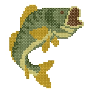 Puede incluir: Diseño de punto de cruz pixelado de un pez saltando. El pez presenta tonos de verde, amarillo y marrón, con la boca abierta y un patrón de escamas detallado. El diseño está sobre un fondo blanco.