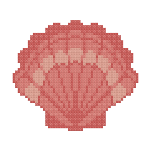 May include: A pixelated seashell design in shades of pink and peach, rendered in a cross-stitch style. The shell is symmetrical, with a fan-like pattern radiating from the center. The background is plain white.